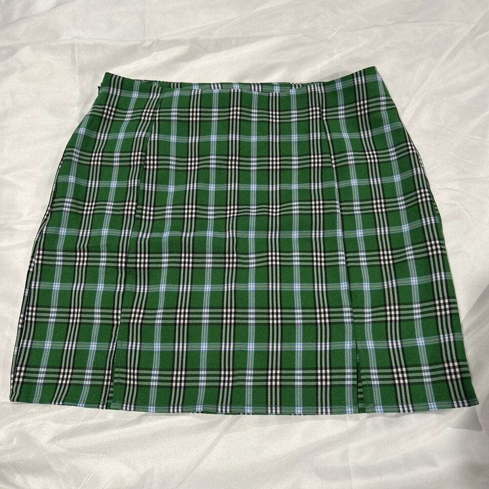 Shein Mini Skirt Womens Small Green Plaid Dble Front Slits Side Zip Lightweight